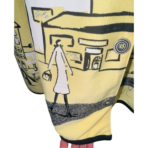 Koret XL Yellow Black Novelty Cardigan Cityscape Print Cotton Artsy Boho Travel - Picture 7 of 11